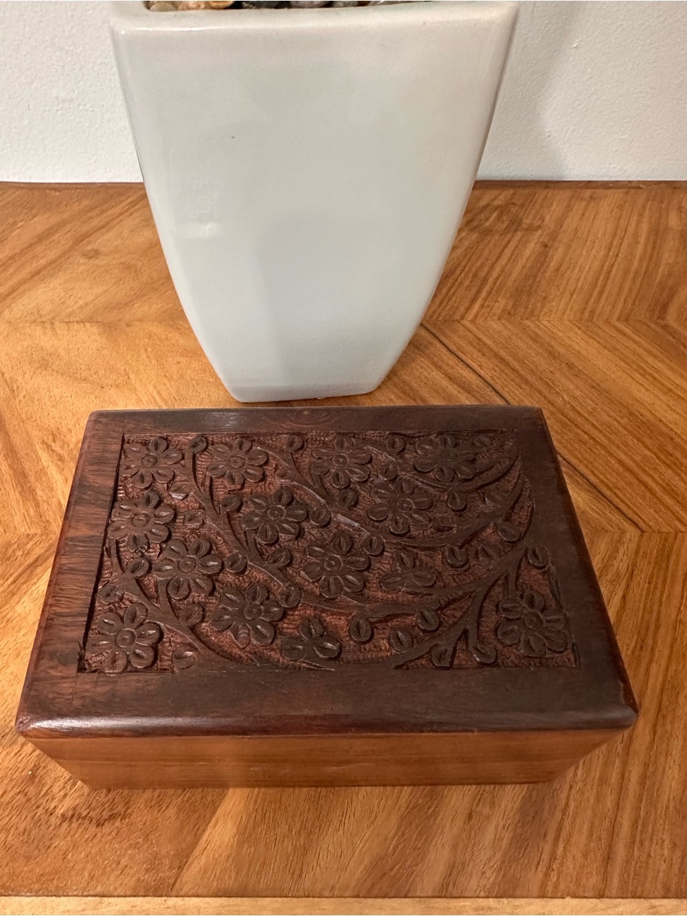 Vtg Hand Carved Floral Wooden Trinket Box Brown 6”x4”x3” Secret Sliding Door EUC